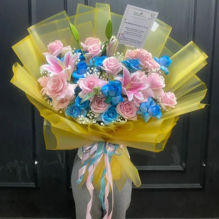 Buket Lily Pink dan Mawar Biru
