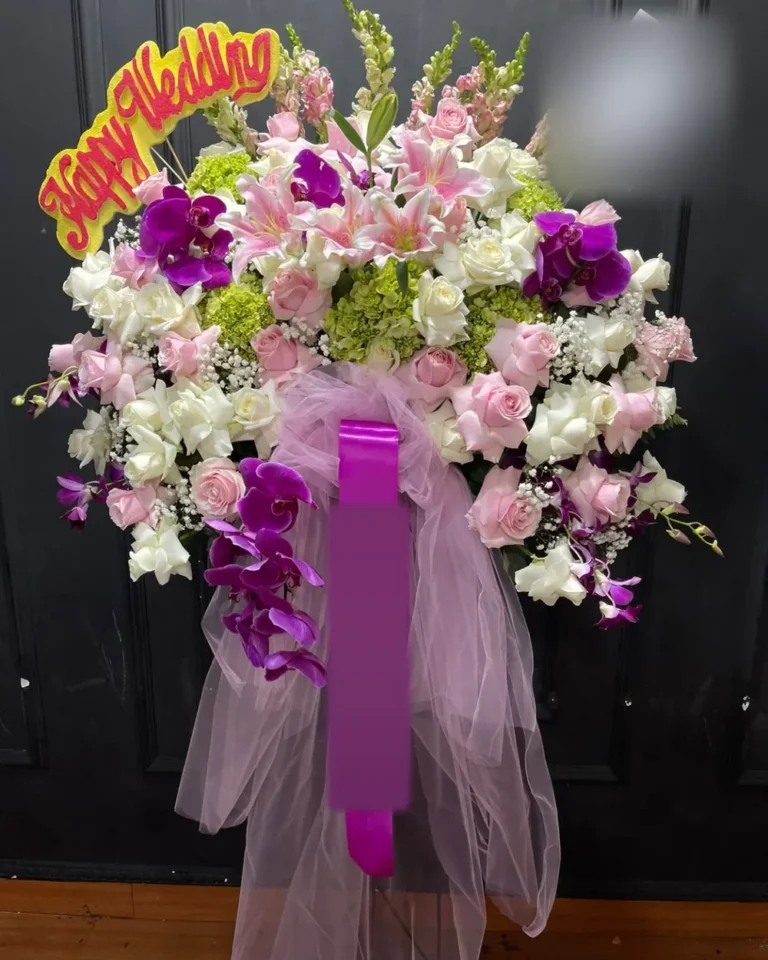 Standing Flower Wedding Putih Pink Anggrek Ungu